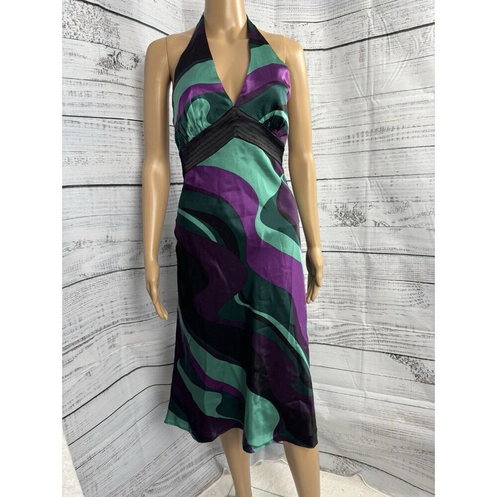 NWT Laundry Shelli Segal 100% Silk Y2K V-neck Midi Green‎ Purple Halter Dress 10